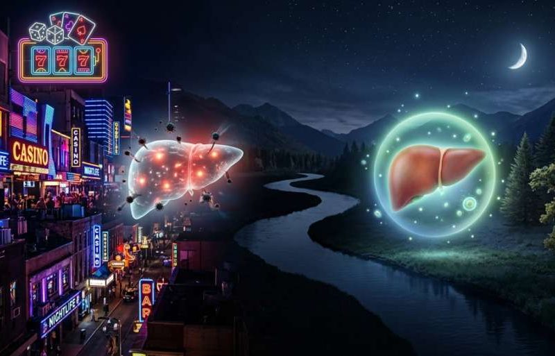 Egy kettéosztott kép, amely a városi éjszakai élet, a kaszinók neonfényei és a természetes éjszakai nyugalom közötti kontrasztot ábrázolja, két stilizált májjal: az egyik a stressztől izzik, a másik pedig egy védőburokban regenerálódik.