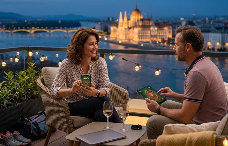Egy elegáns pár Budapesten, egy dunai panorámás teraszon ülve okostelefont és tabletet használ, miközben online kaszinójátékokkal kapcsolódnak ki az esti órákban.