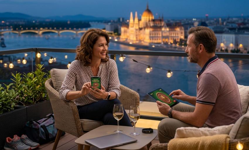 Egy elegáns pár Budapesten, egy dunai panorámás teraszon ülve okostelefont és tabletet használ, miközben online kaszinójátékokkal kapcsolódnak ki az esti órákban.
